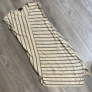 Tahari Asymmetrical Dress in Beige and Black Stripes